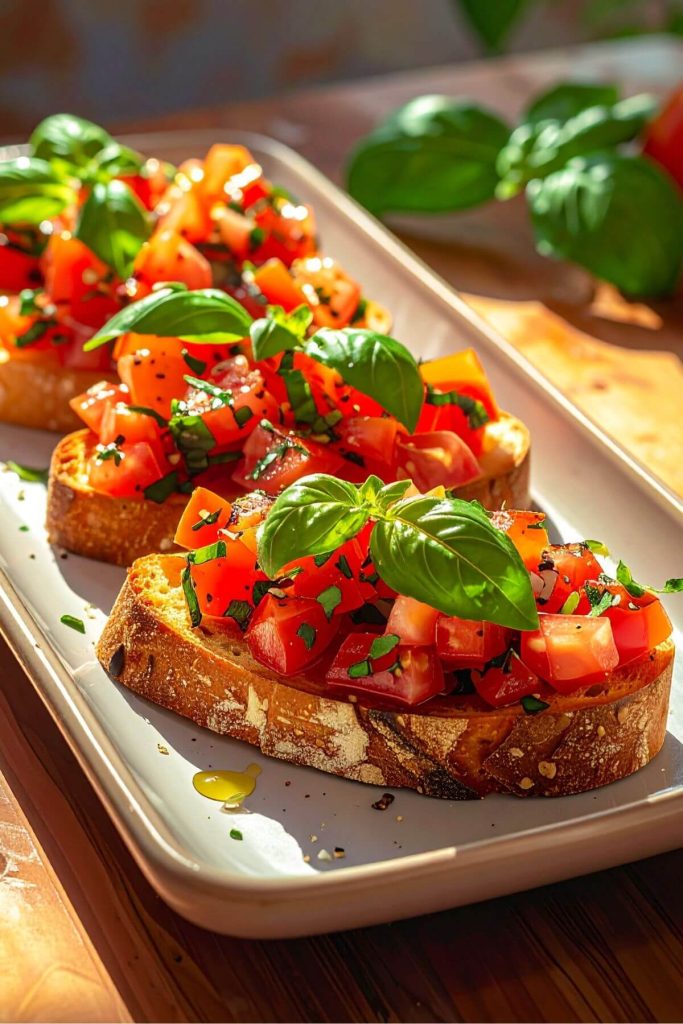 Vegan Bruschetta on a plate with basil