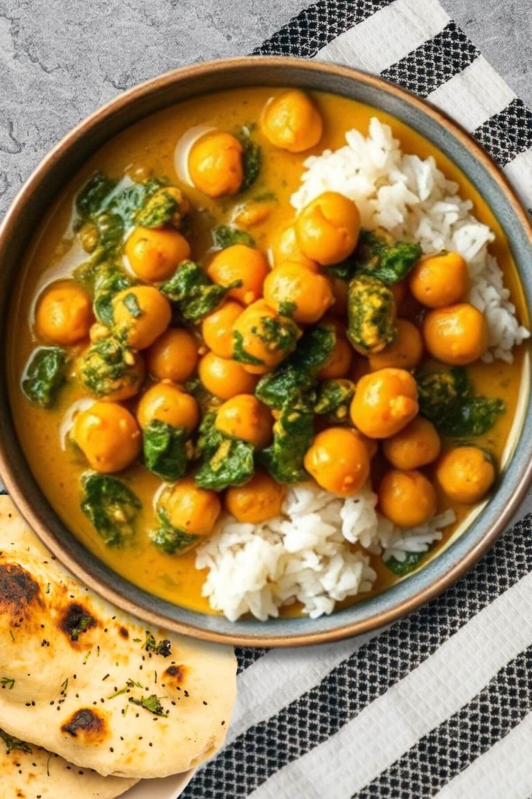 Chickpea Spinach Curry over rice with flatbread