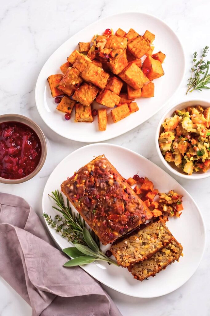 Vegan Thanksgiving on table with lentil loaf, cranberry sauce, stuffing, and yams