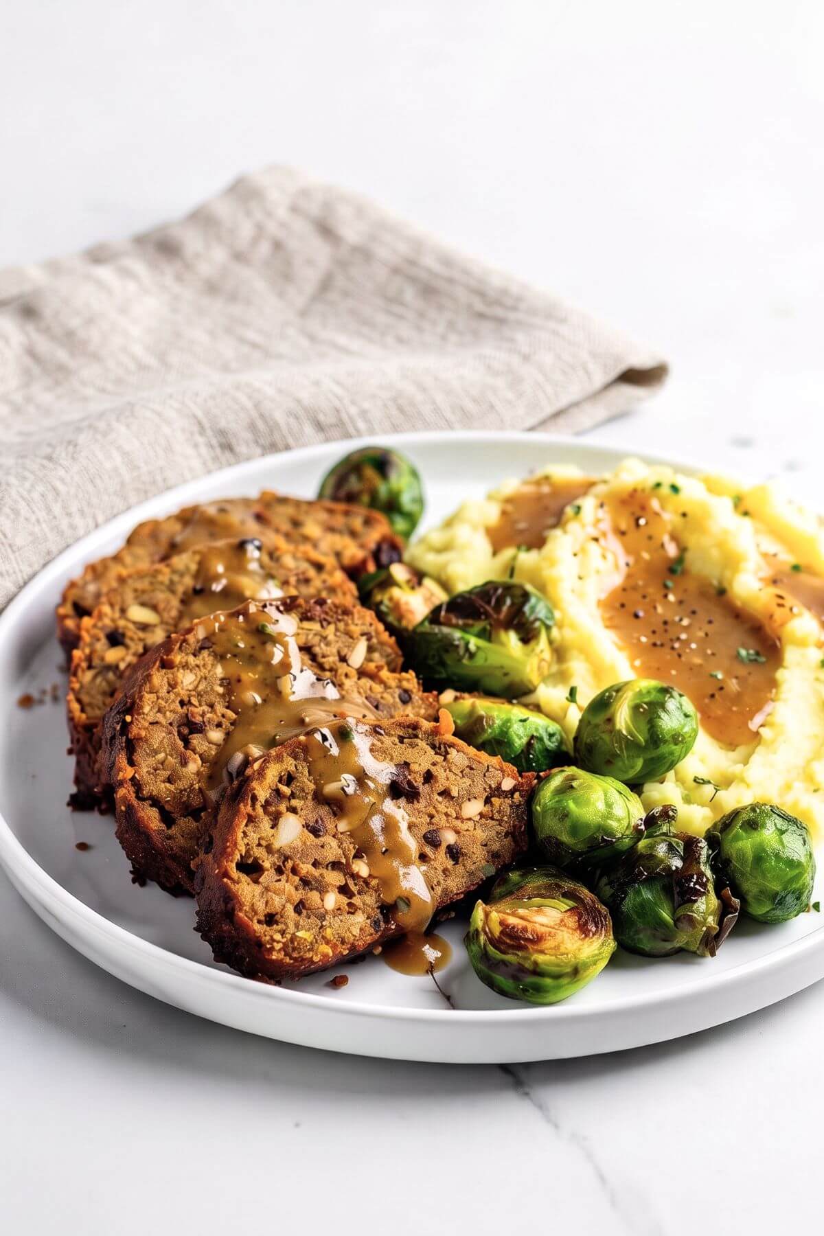 Plate of sliced vegan lentil loaf and mashed potatoes and gravy with brussel sprouts