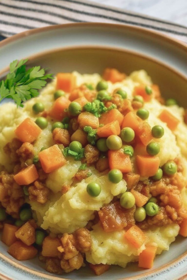 A plate with a serving of vegan lentil vegetable Shepherd's Pie
