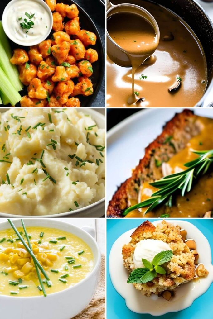 Six square pictures: 1. cauliflower buffalo wings with celery and dip. 2. mushroom gravy 3 garlic mashed potatoes 4 slice of meatloaf with gravy and rosemary 5 cream of corn soup with chives and 6 piece of apple crisp with ice cream on top and mint leaf