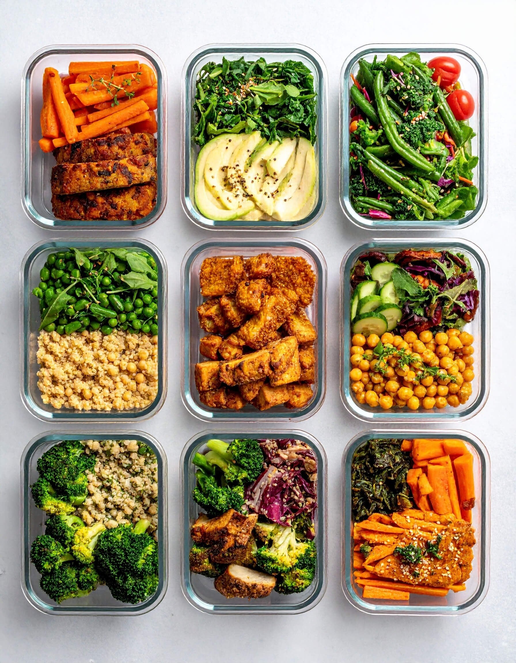 9 containers of meal prepped vegan foods