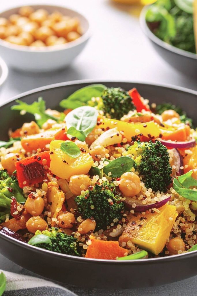 Bowl of Quinoa Salad with Roasted Vegetables and Chickpeas