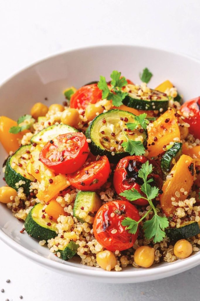 Bowl of Quinoa Salad with Roasted Vegetables and Chickpeas