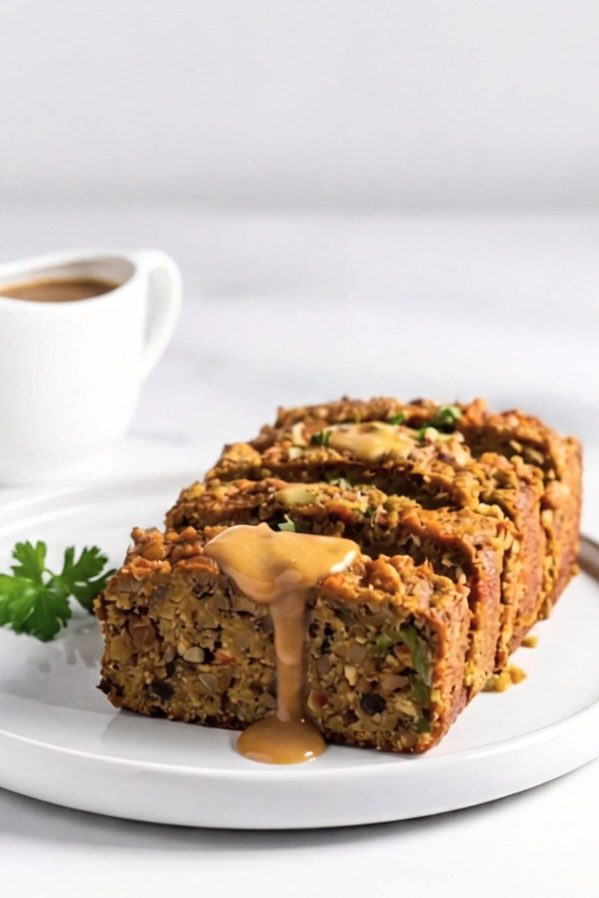 Sliced Vegan Lenti; Meatloaf garnished with gravy