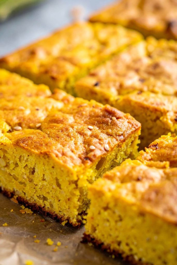 Baked Cornbread cut in squares