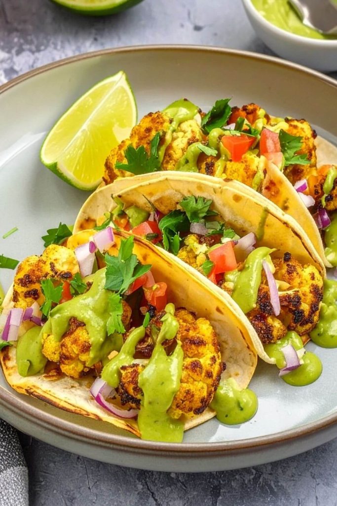 Roasted Cauliflower tacos with avocado crema