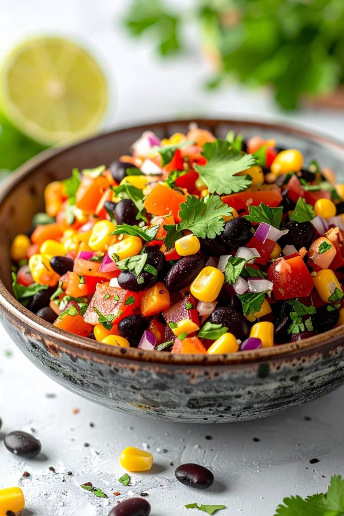 Bowl of Black Bean Salsa with Corn and Cilantro