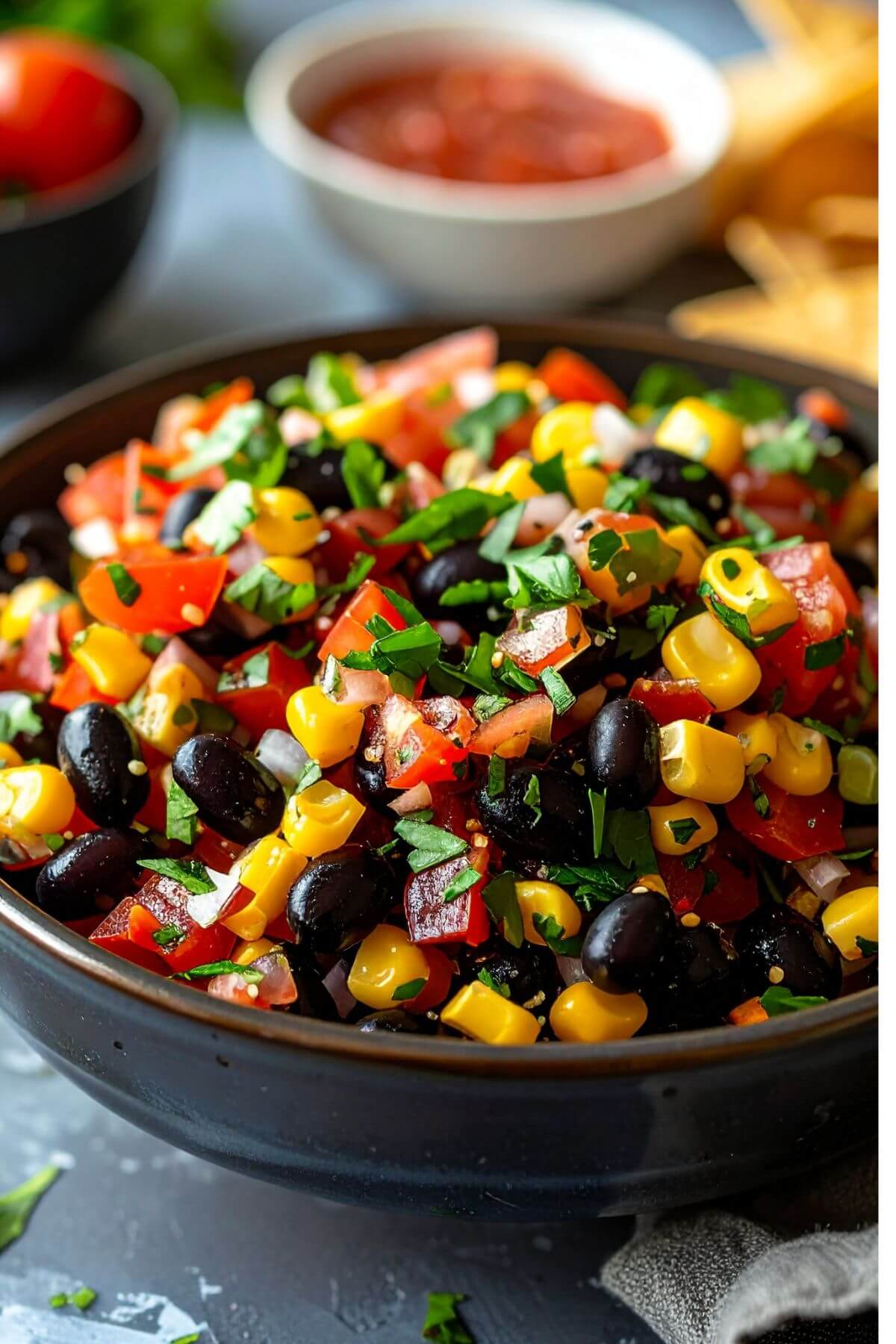 Bowl of Black Bean Salsa with Corn and Cilantro