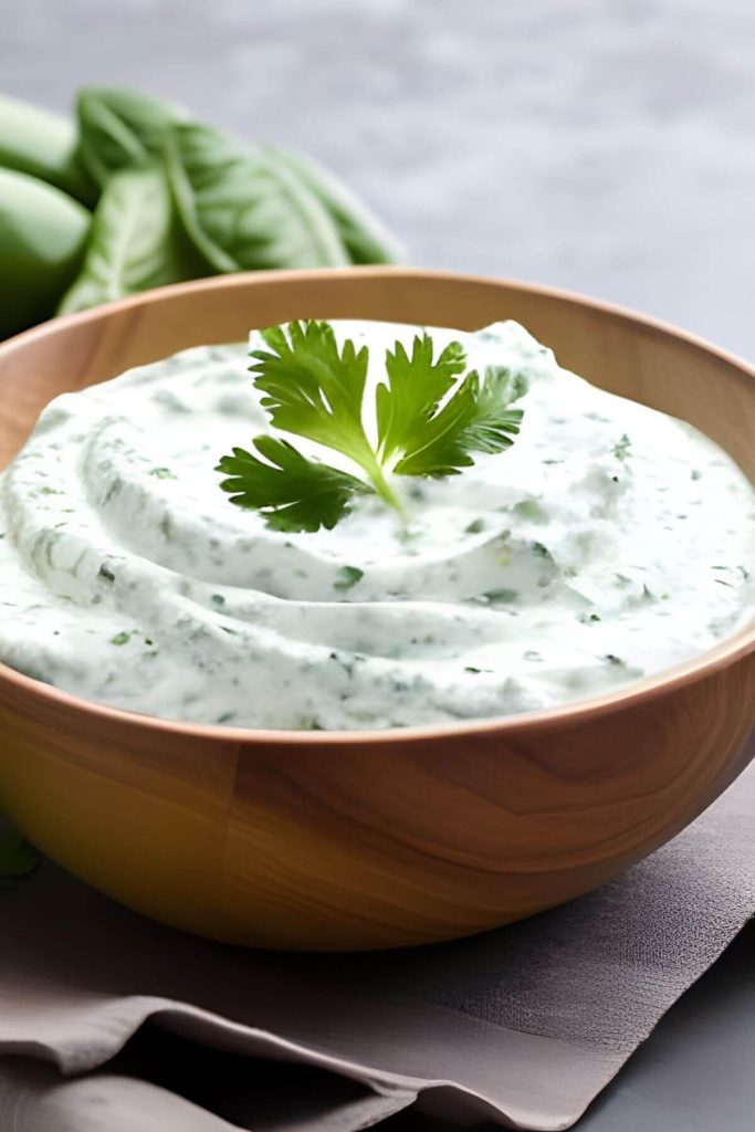 A brown wooden bowl is filled with swirl of tzatziki sauce with a parsley leaf garnish