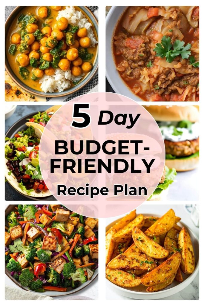 5 day vegan budget friendly Recipe Plan with 6 photos of dinners and 1 bonus side dish