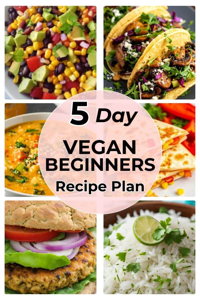 5 day vegan beginners Recipe Plan with 6 photos of dinners and 1 bonus side dish