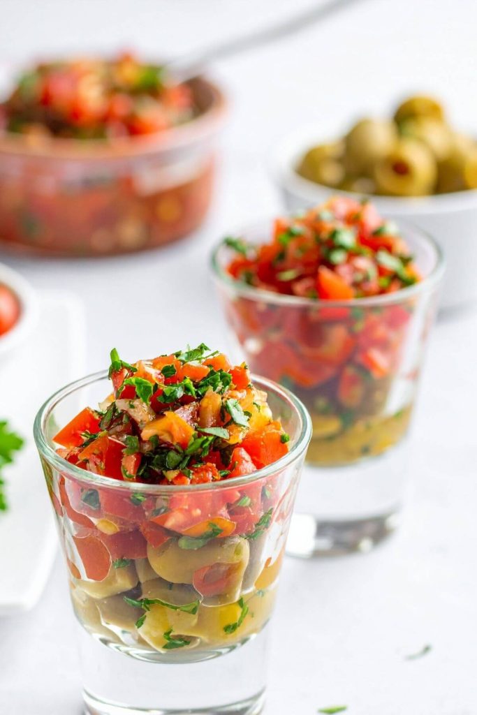 Green Olive Salsa Appetizers in small glasses