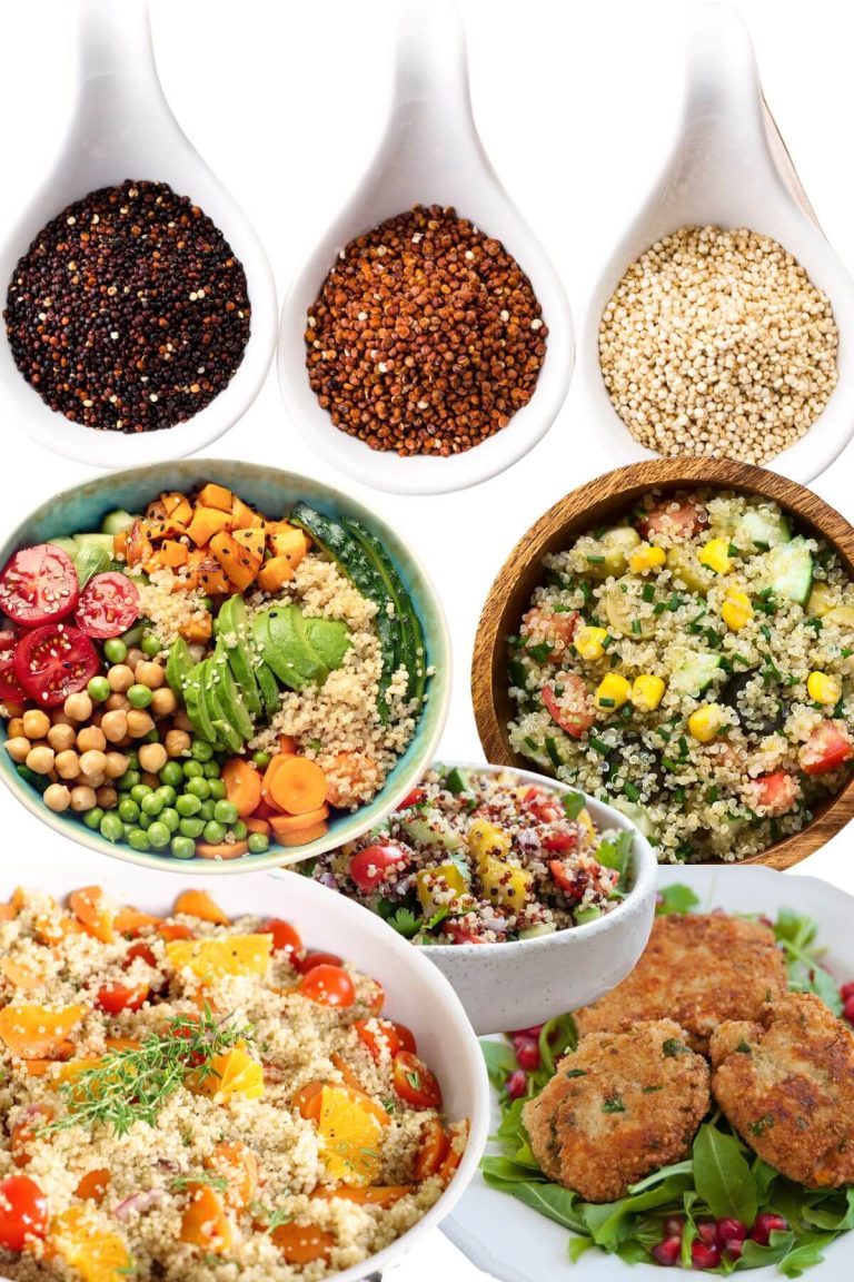 Three scoops full of different color quinoas and five vegan quinoa dishes of salads and patties