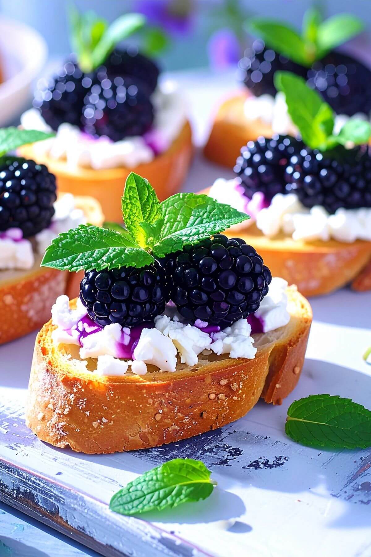 Blackberry vegan feta crostini garnished with mint
