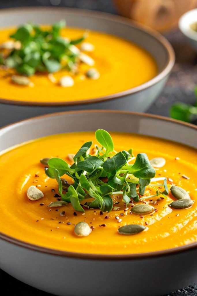 Two Bowls of Vegan Butternut Squash soup with sprouts and pumpkin seed garnish
