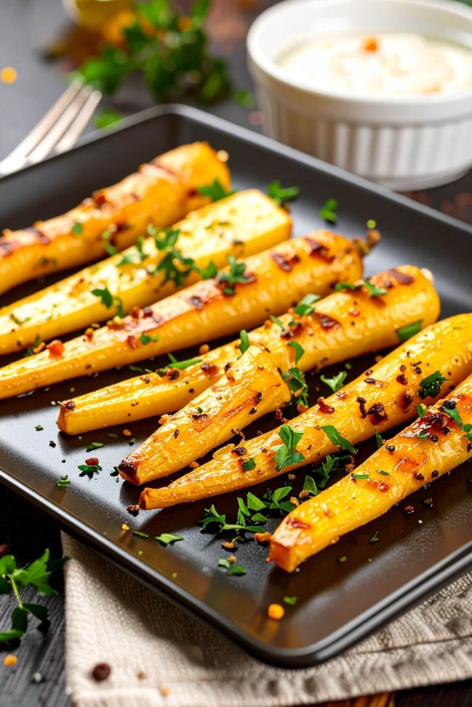 Baking pan of roasted parsnips