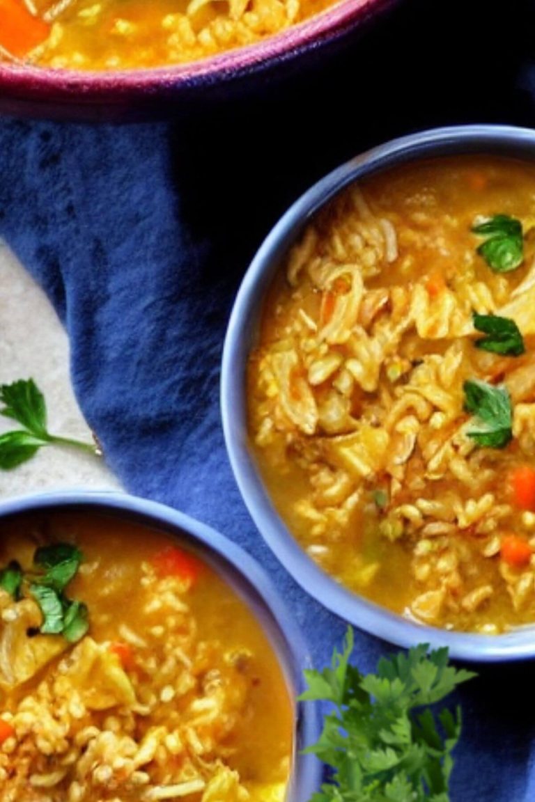 Two bowls of Vegan Parmesan Cabbage Rice Soup. Serving pot and parsley in the background.
