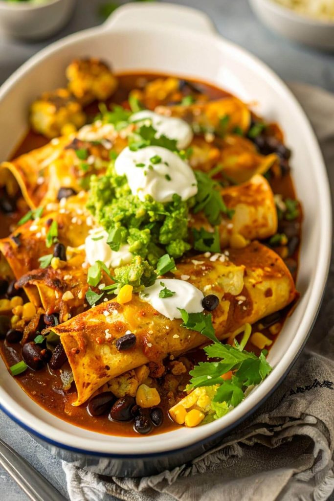 3 Cauliflower Black Bean Enchiladas on a plate garnished with guacamole and vegan sour cream