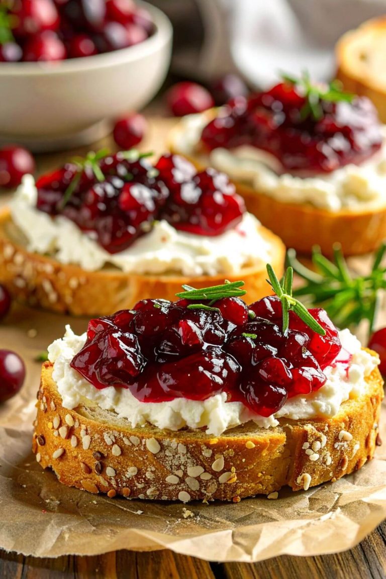 Cranberry Sauce Crostini with hearb garnishes