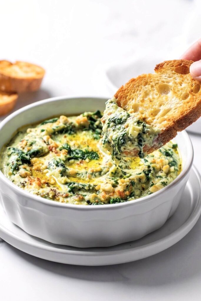 Vegan Spinach Artichoke Dip with bread slices and one dipped into dip