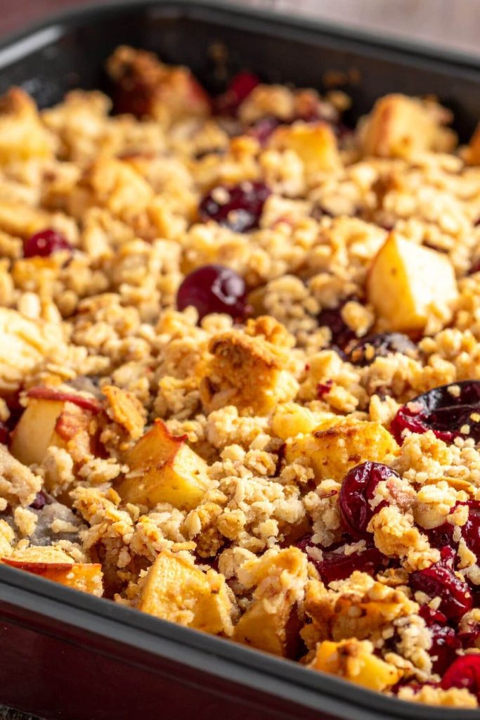 Baking dish with Vegan Apple Cranberry Crisp