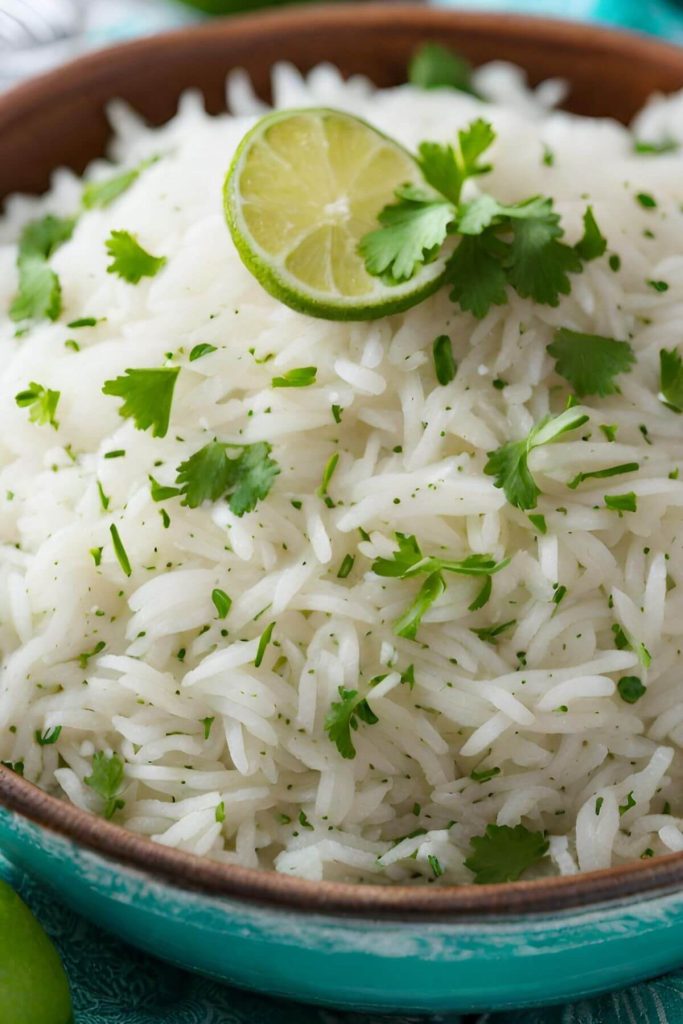 Bowl of Cilantro Lime Rice with slice of lime garnish
