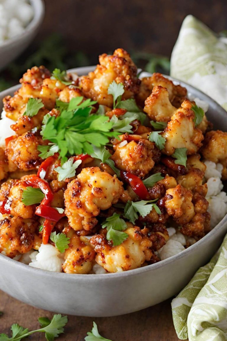 Bowl of vegan Sweet Chili Cauliflower over rice. Garnished with parsley.