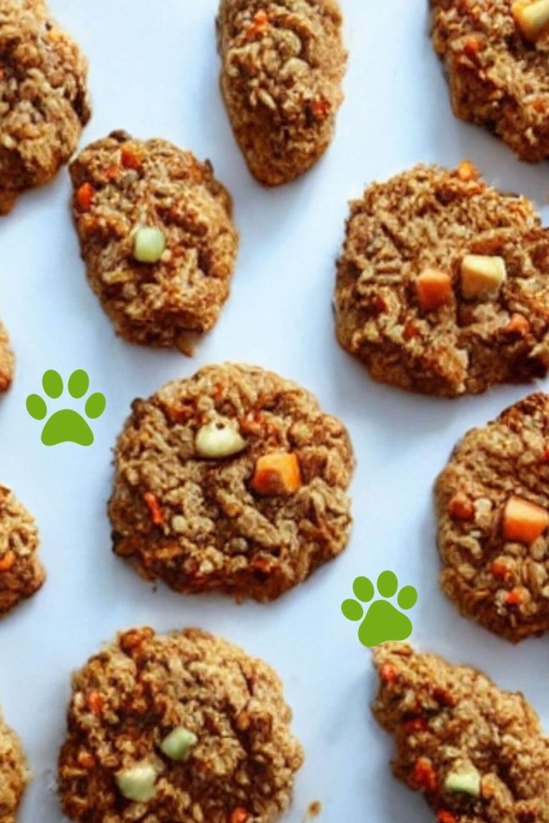Carrot Apple Dog Cookies garnished with diced carrot and apple. Two graphic paw prints added