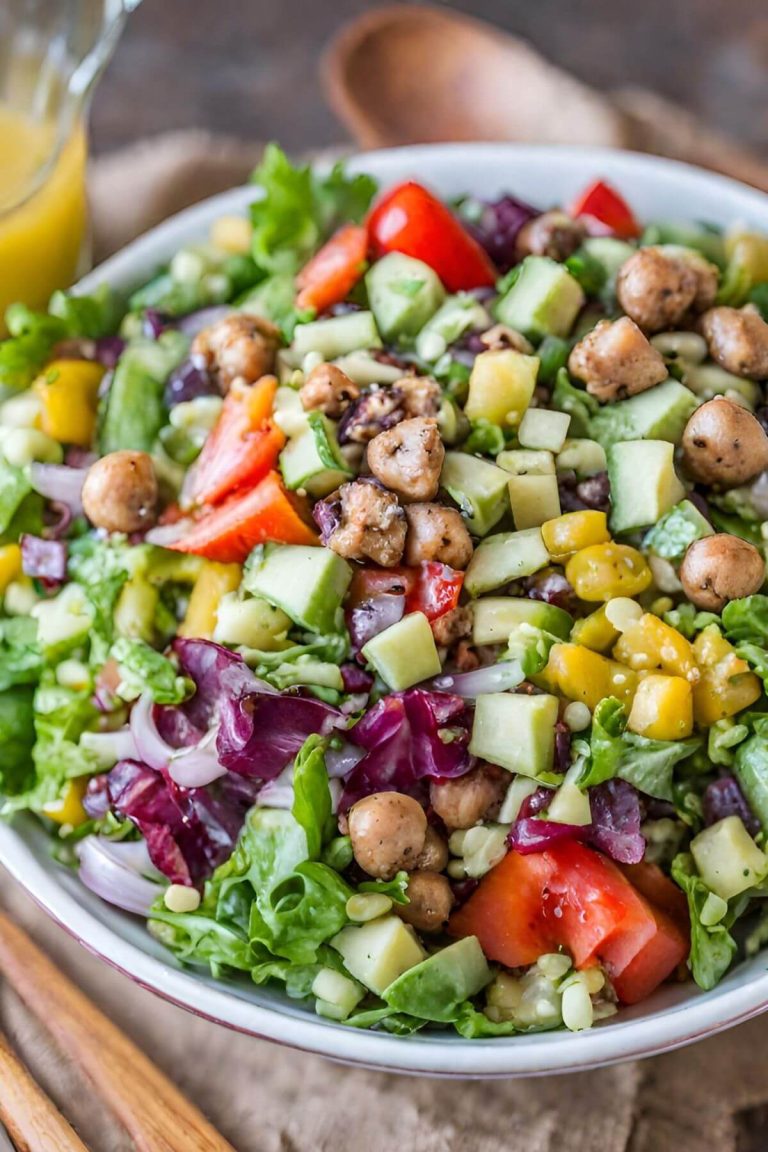 A large bowl of vegan Italian Chopped Salad with wooden utensils on the side