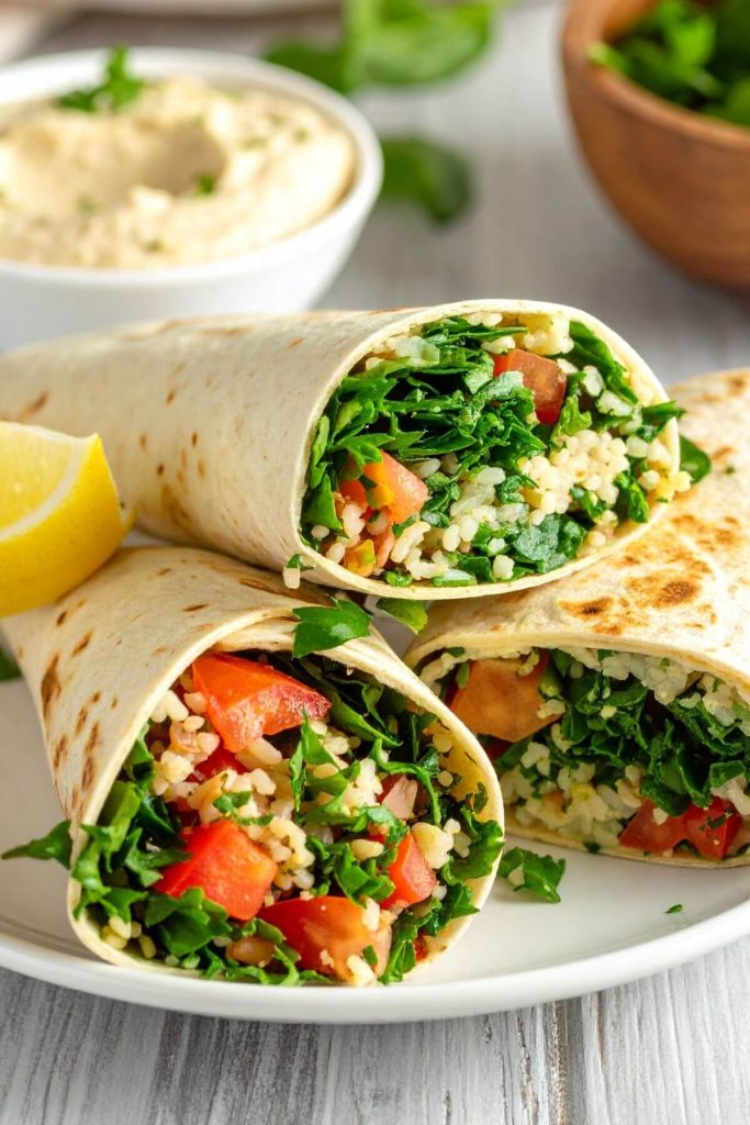 3 Hummus Tabbouleh Wraps on a plate for lunch or dinner