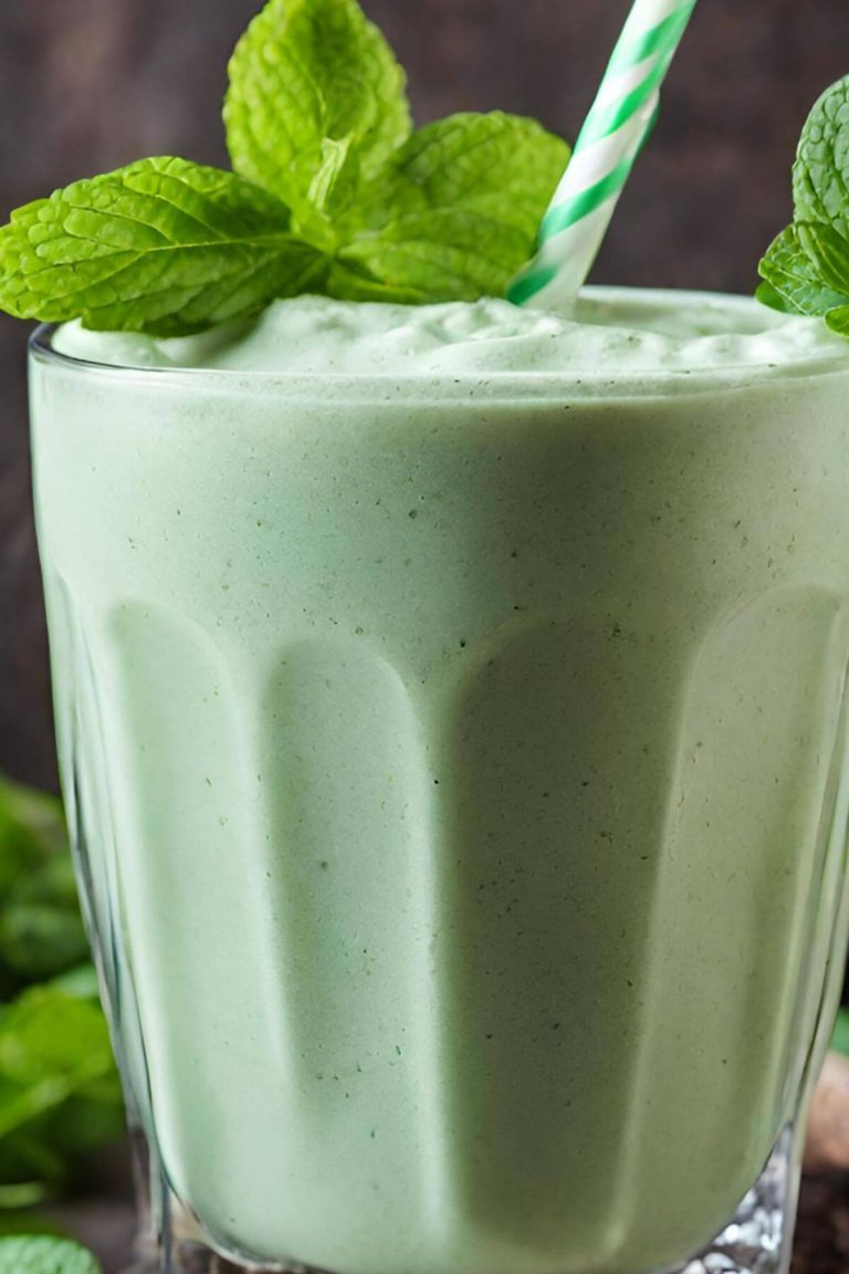 A glass of vegan mint shamrock shake garnished with mint