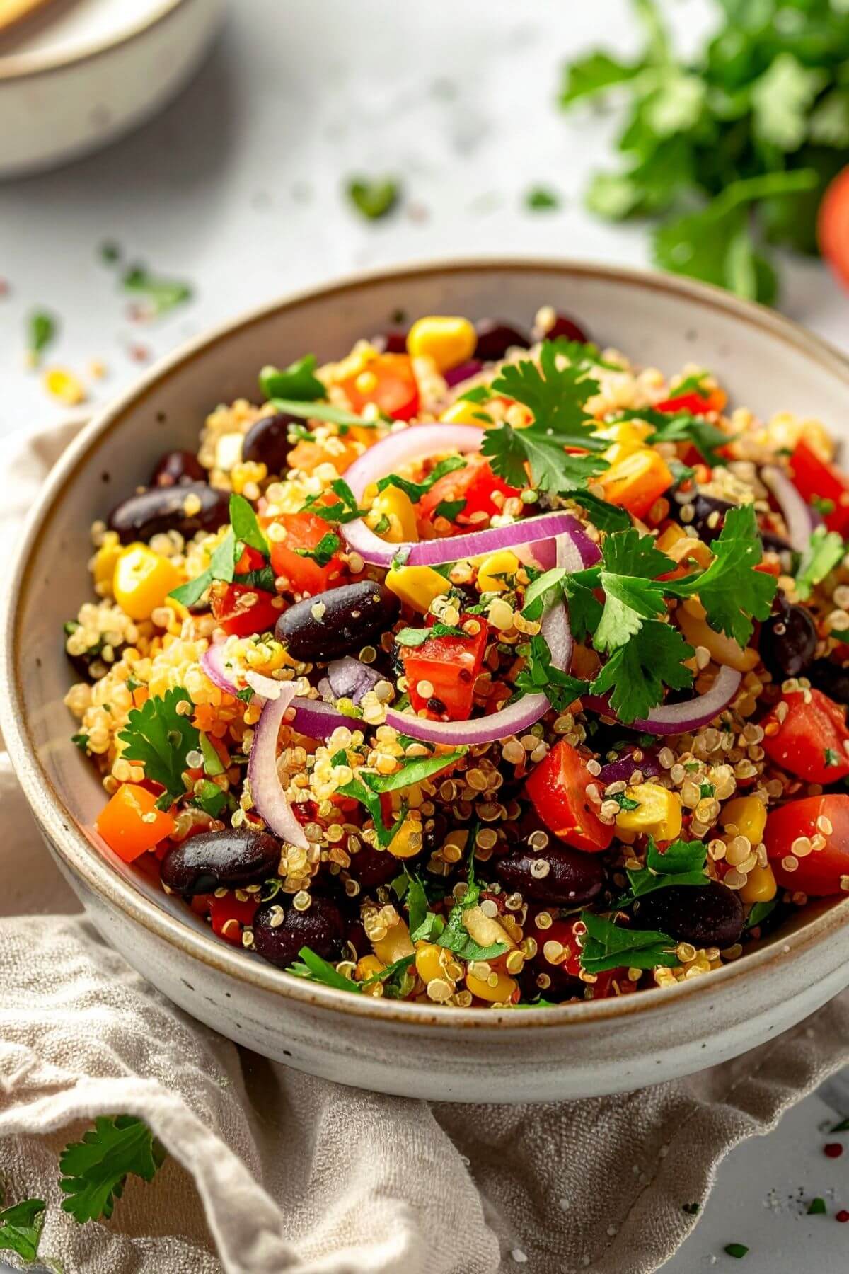 A bowl of Vegan Mexican quinoa Salad for dinner or lunch.
