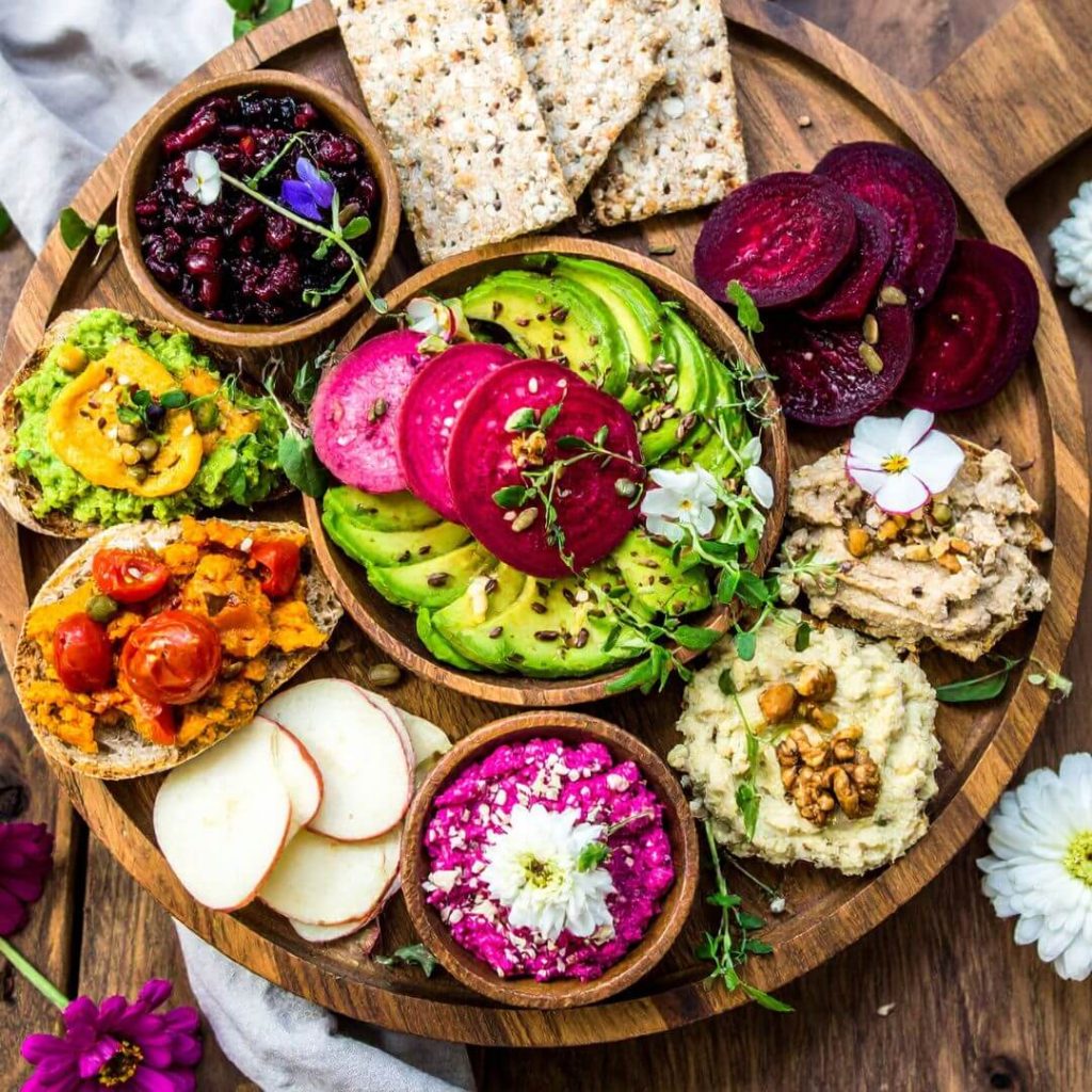 Vegan Entertaining appetizer platter of dips and spreads