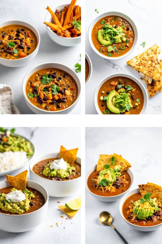 Vegan Black Bean Tortilla Soup served with sweet potato fries, chips, sour cream, avocado, and guacamole in four photos