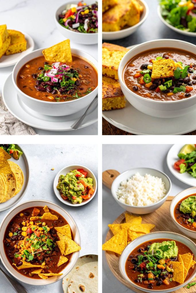 Vegan Black Bean Tortilla Soup served with salads chips, corn bread, rice in four photos