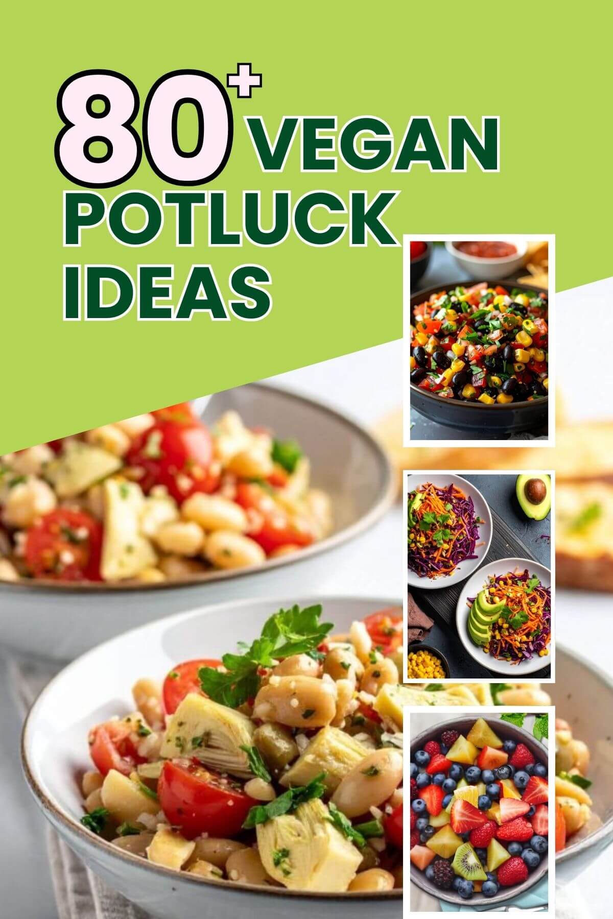 80+ Vegan Potluck Ideas. Photo of white bean salad and 3 other potluck recipe photos