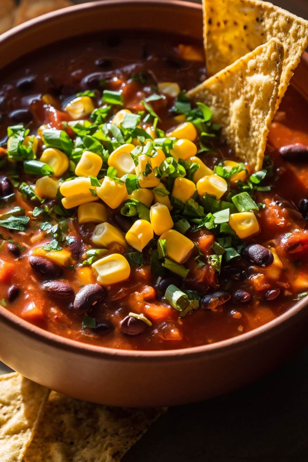 Bowl of Vegan Black Bean Tortilla Soup garnished with tortilla chips and parsley