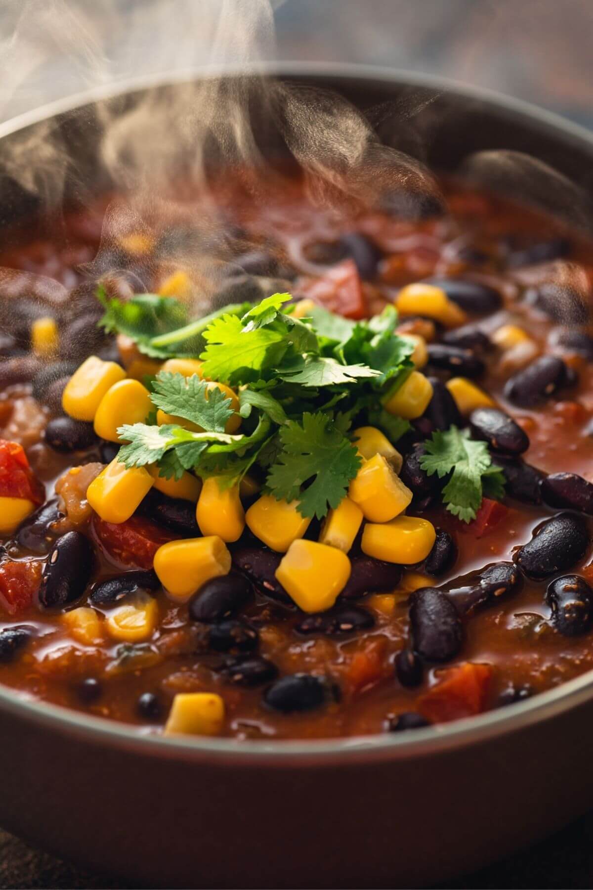 Bowl of Vegan Black Bean Tortilla Soup garnished with tortilla chips and parsley