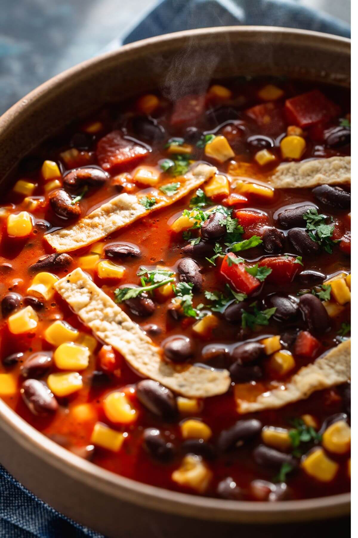 Bowl of Vegan Black Bean Tortilla Soup garnished with tortilla strips