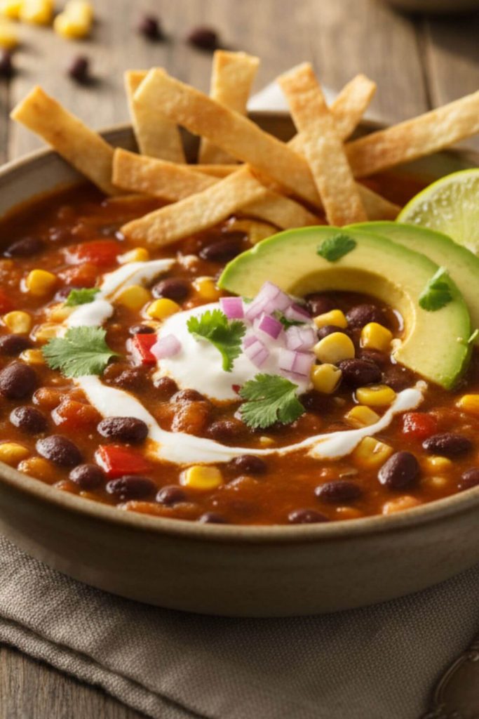 Bowl of Vegan Black Bean Tortilla Soup garnished with tortilla strips, avocado slices and sour cream