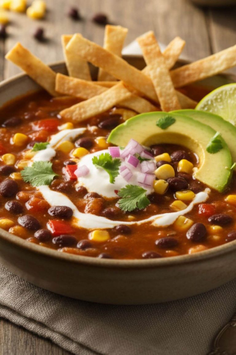Bowl of Vegan Black Bean Tortilla Soup garnished with tortilla strips, avocado slices and sour cream