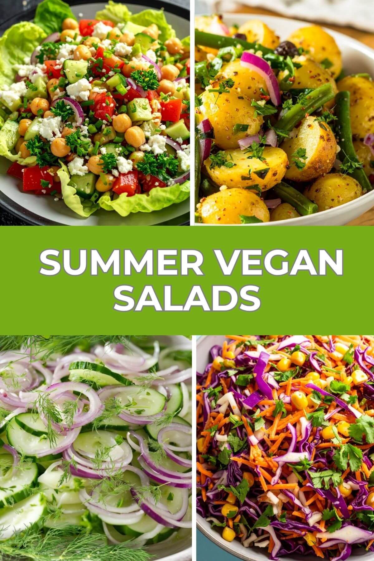 Photos of four summer salads with Summer Vegan Salads for collection of recipes