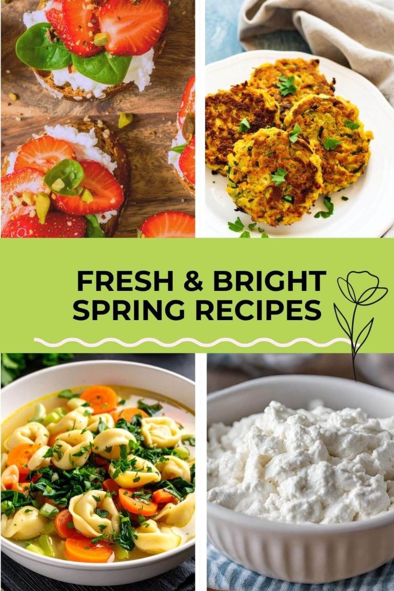 4 spring recipe photos with title Fresh & Bright Spring Recipes w flower illustration and green background