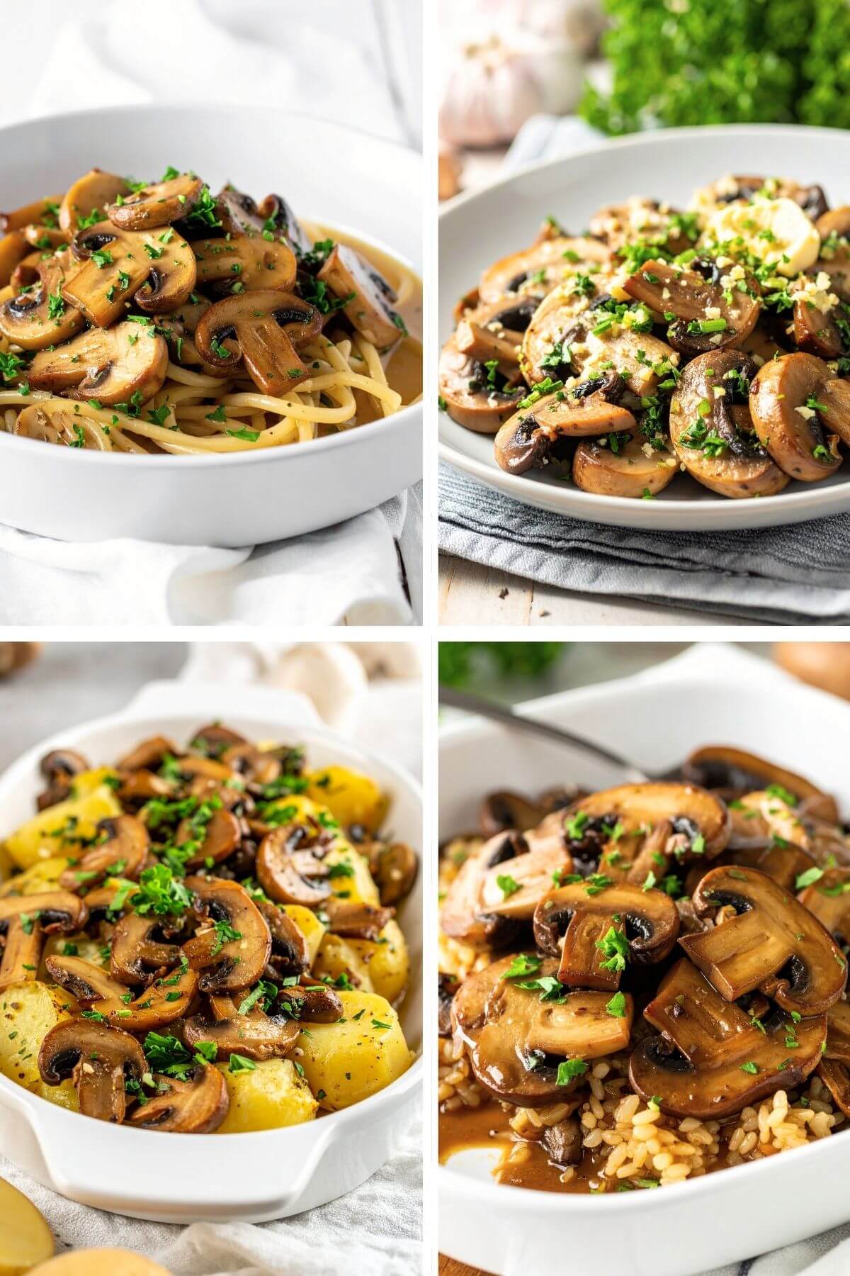 4 photos of serving Vegan Garlic Mushrooms served over pasta, potatoes, and rice