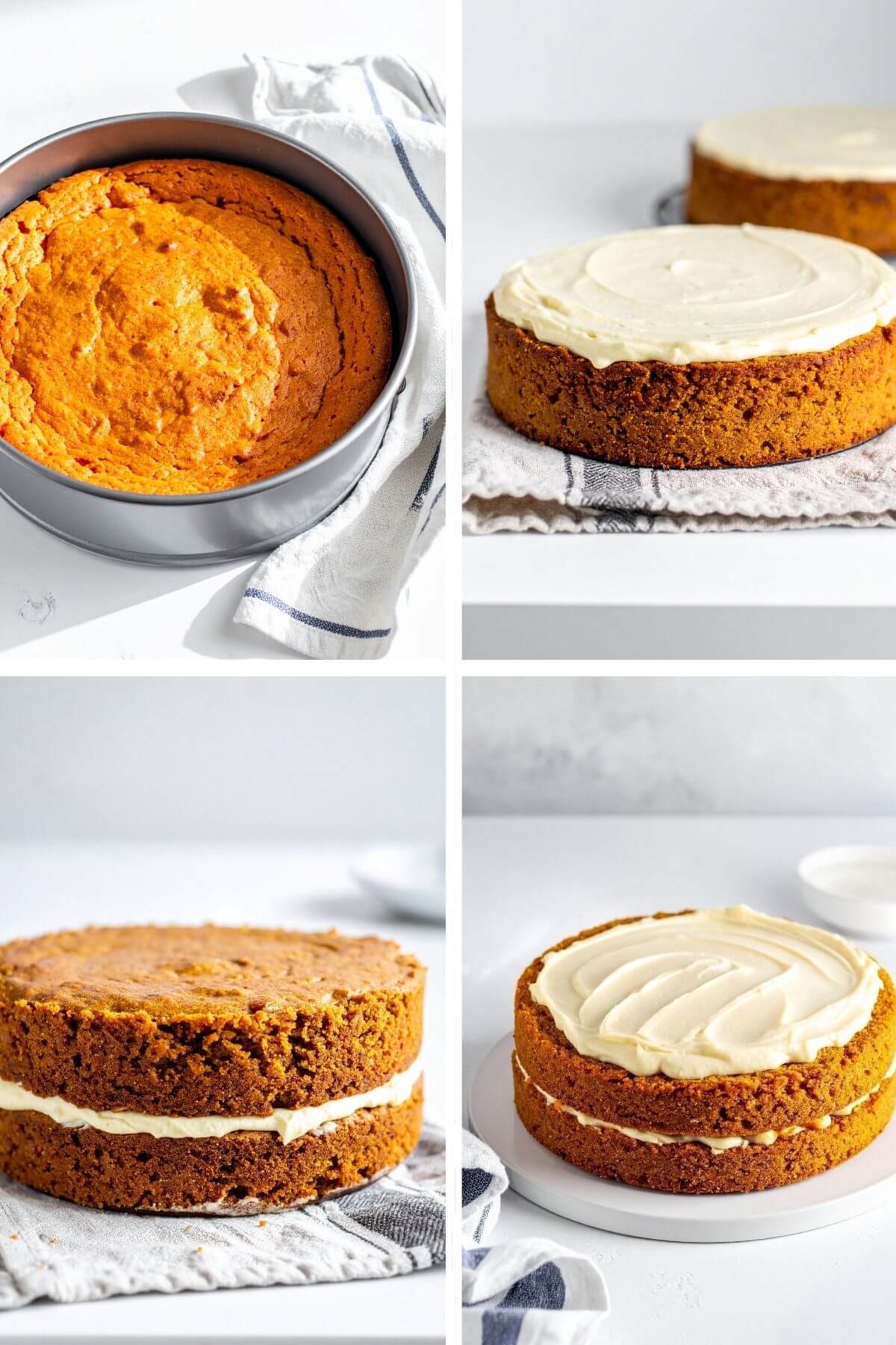 4 photos process of making vegan carrot cake with cream cheese frosting two layer cake