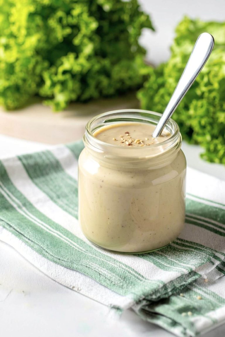 Jar of tahini dressing with spoon in it