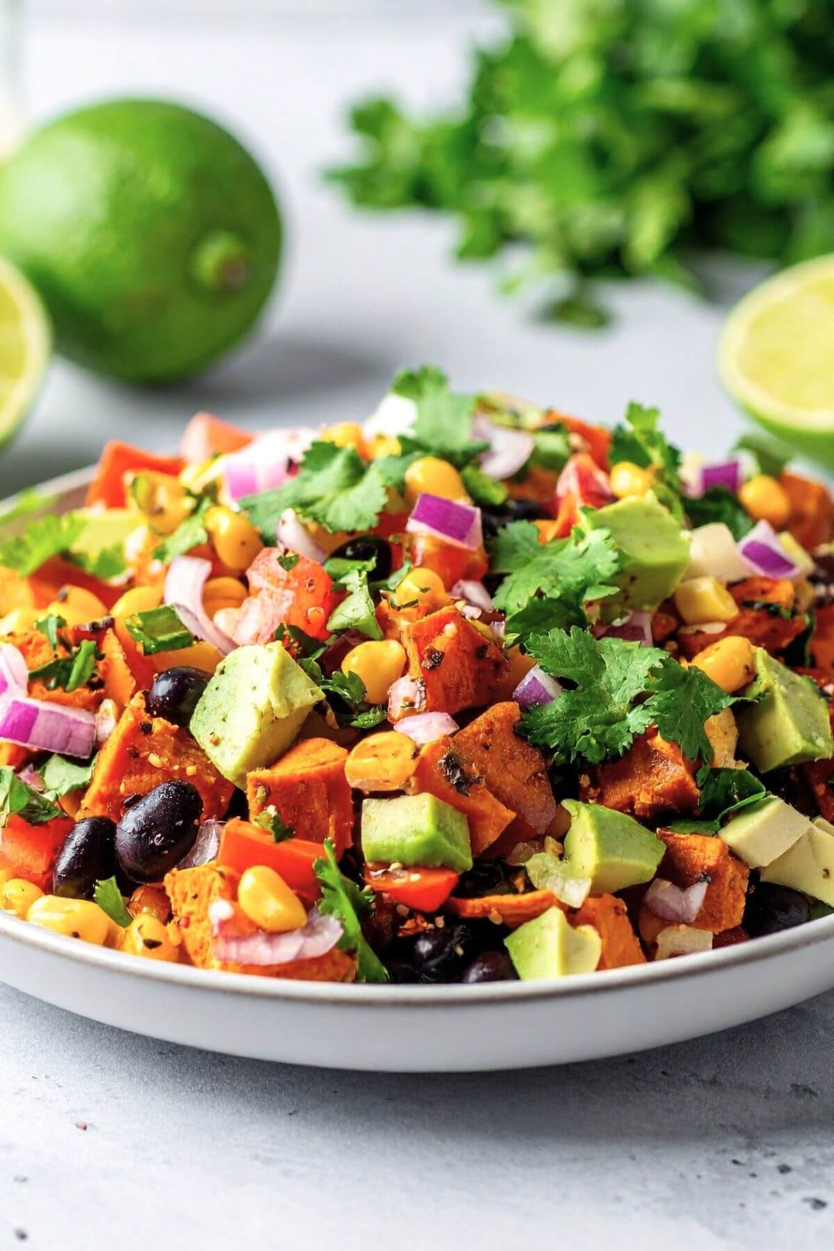 Healthy black bean and sweet potato salad in a bowl