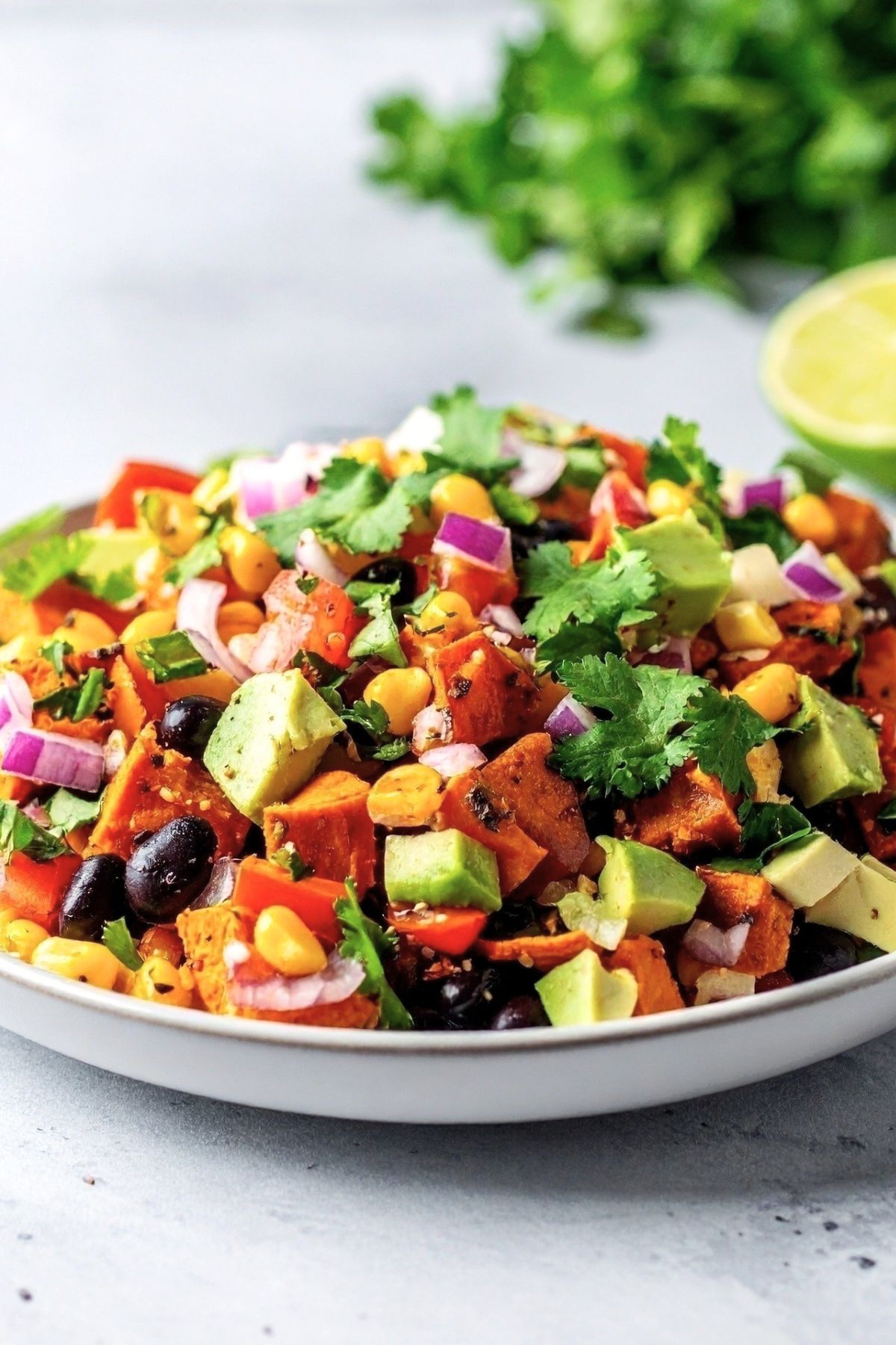 Fresh taco salad with black beans, sweet potatoes, and greens